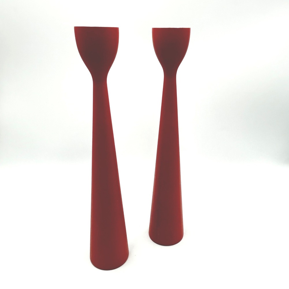 Red Metal Taper Candle Holders 11" Pair Modern MCM Style Candlesticks Set 2